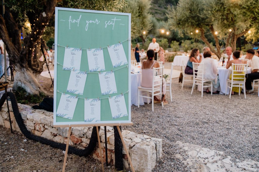Table guest names at wedding reception in Ithaca Greece, Vathi