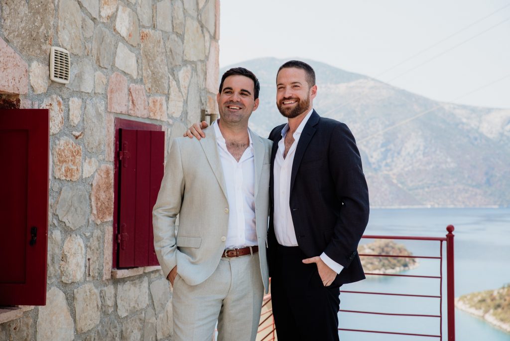 Groom getting dressed for wedding in Ithaca Greece, Vathi