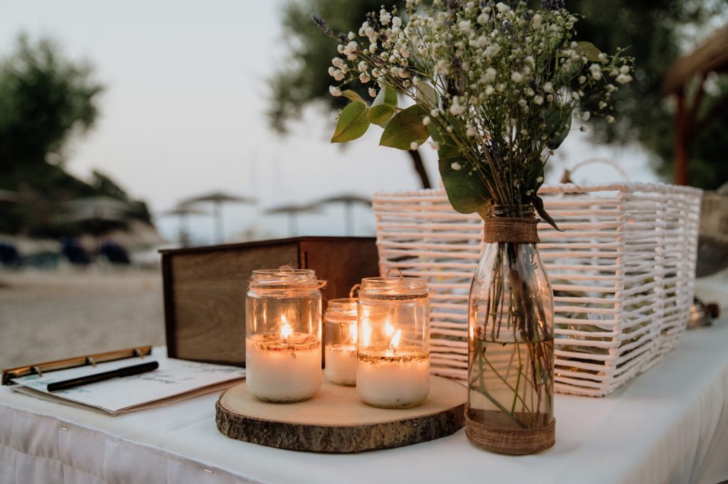 Guest book and gift box table at beach party reception in Ithaca Greece, Vathi