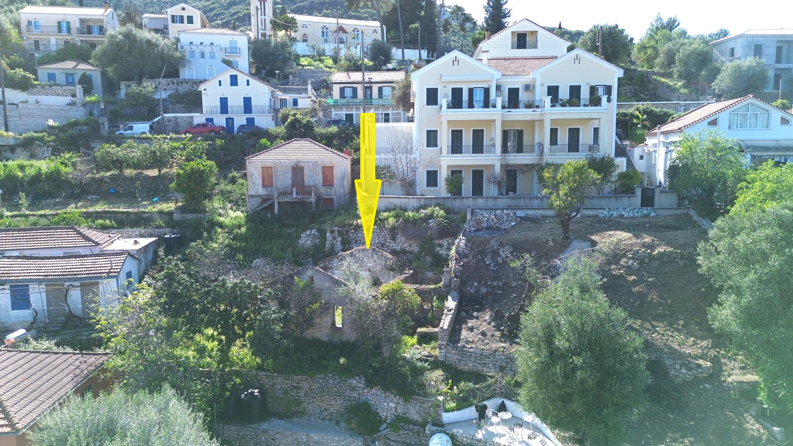Aerial view and location of ruin for sale in Ithaca Greece, Vathi