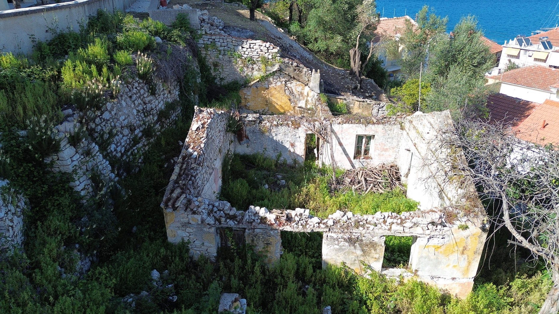 Aerial view of ruin for sale in Ithaca Greece, Vathi