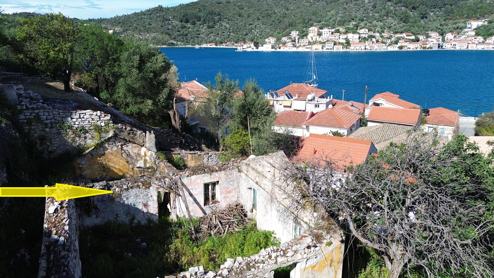 Aerial view and location of ruin for sale in Ithaca Greece, Vathi