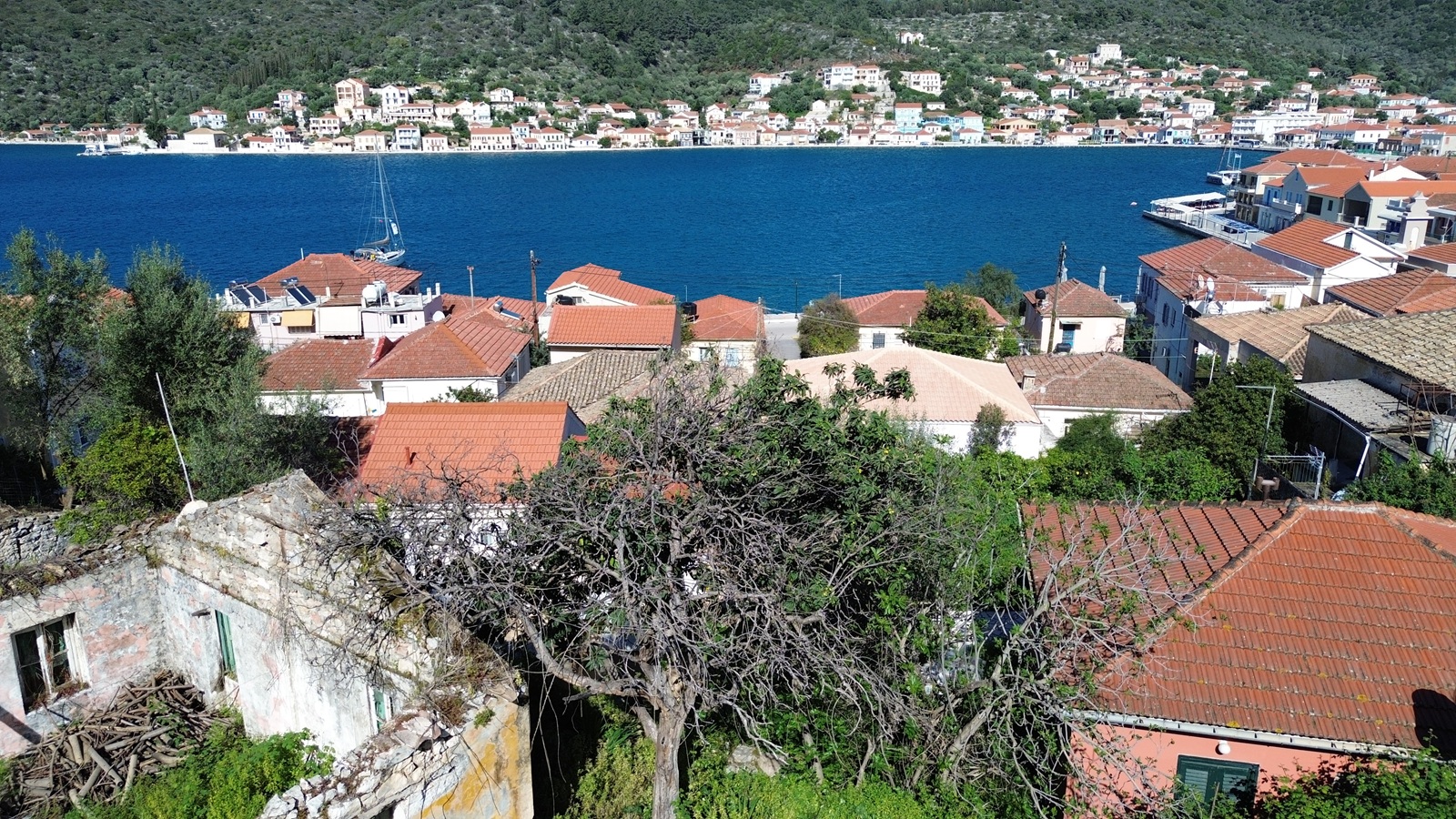 Aerial view of ruin for sale in Ithaca Greece, Vathi