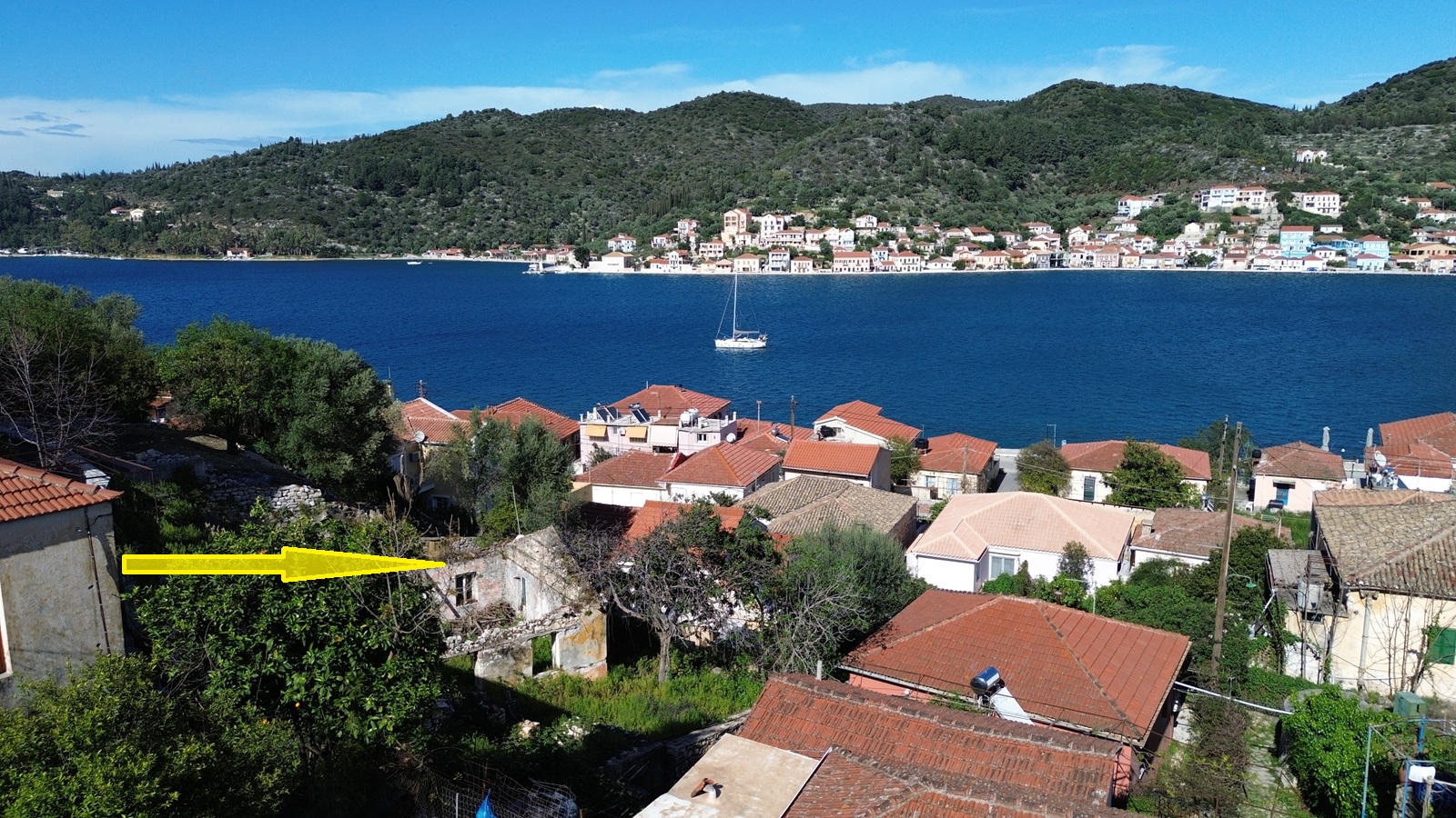 Aerial view and location of ruin for sale in Ithaca Greece, Vathi