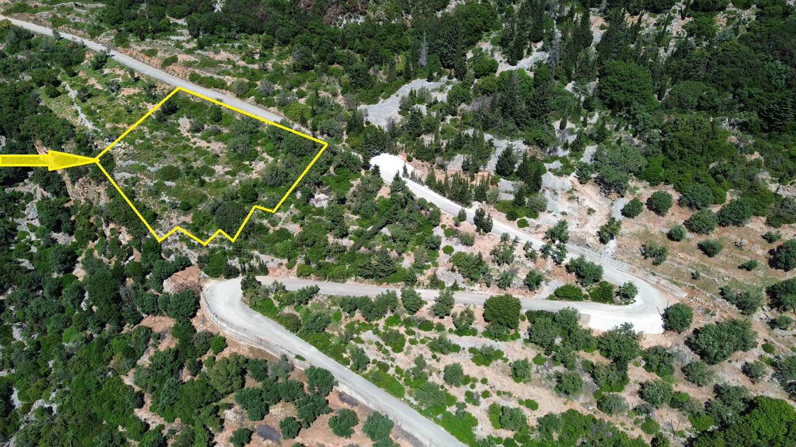 Aerial view with location and border of land for sale in Ithaca Greece, Ag. Yiannis