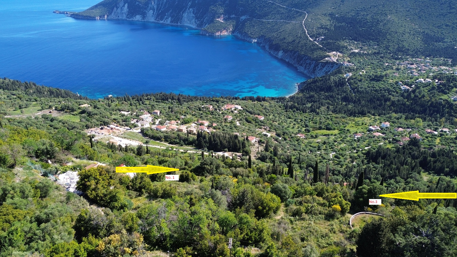 Aerial view and location of plots 1 and 3 of land for sale in Ithaca Greece, Exoghi