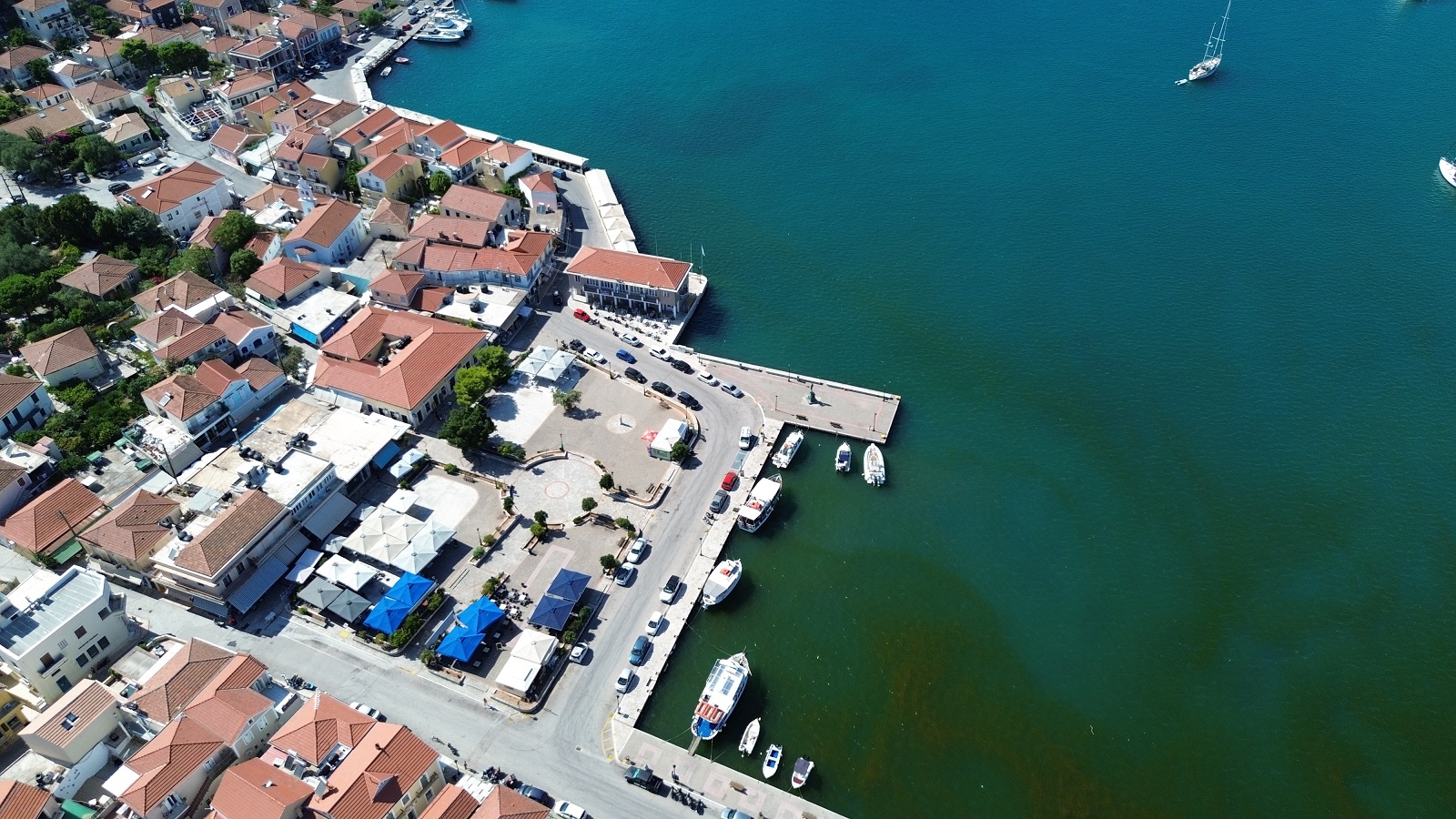 Aerial views of the square with house for sale in Ithaca Greece, Vathi