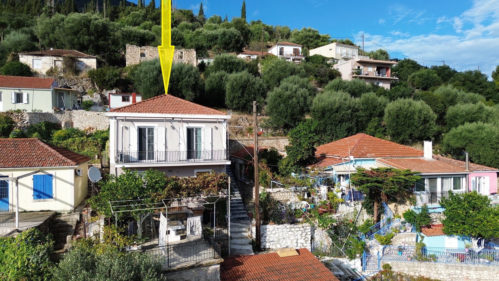 Aerial view of house for sale in Ithaca Greece, Vathi