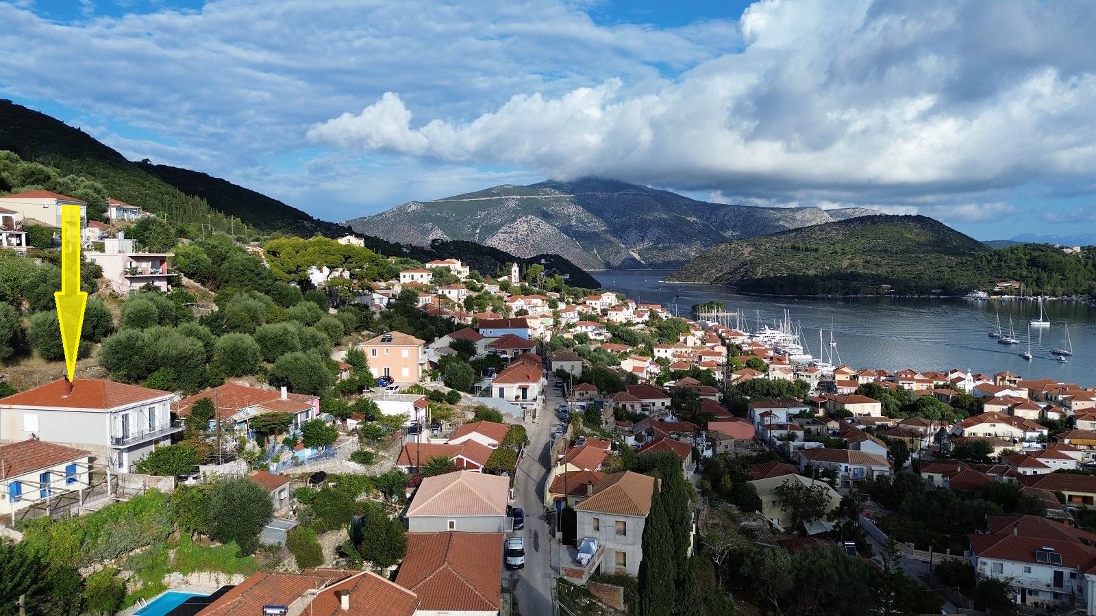 Aerial view and location of house for sale in Ithaca Greece, Vathi