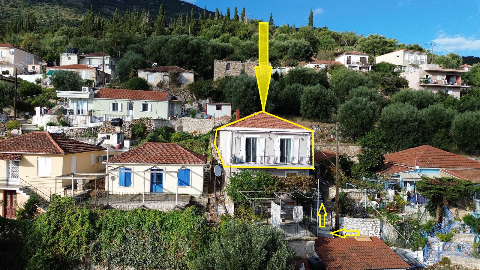 Aerial view and outlined border of house for sale in Ithaca Greece, Vathi