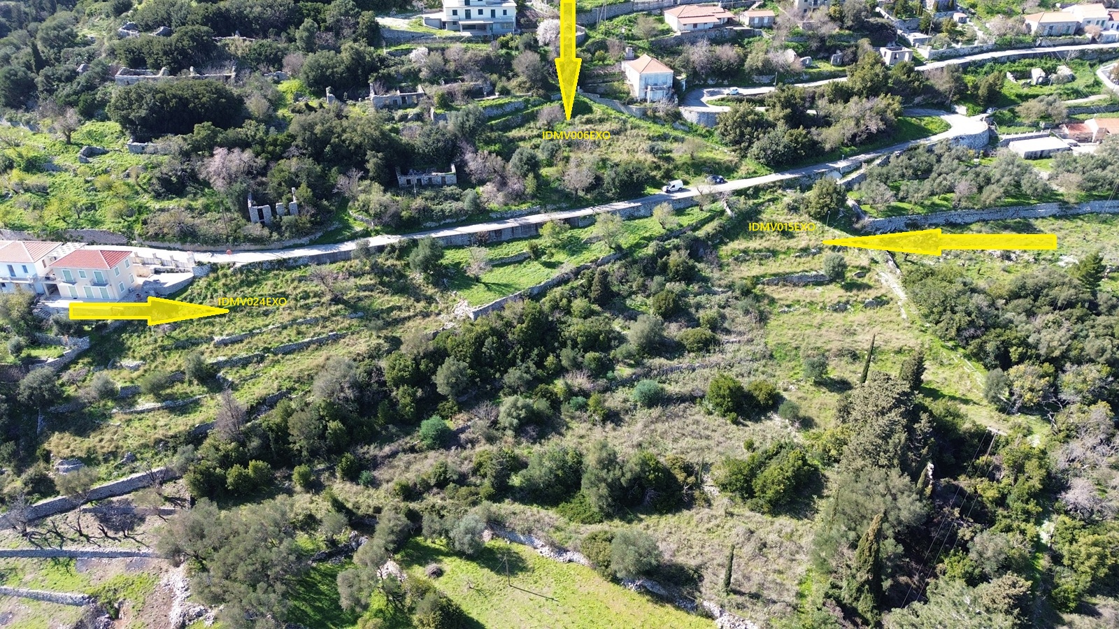 Aerial view and location of three plots for sale in Ithaca Greece, Exoghi