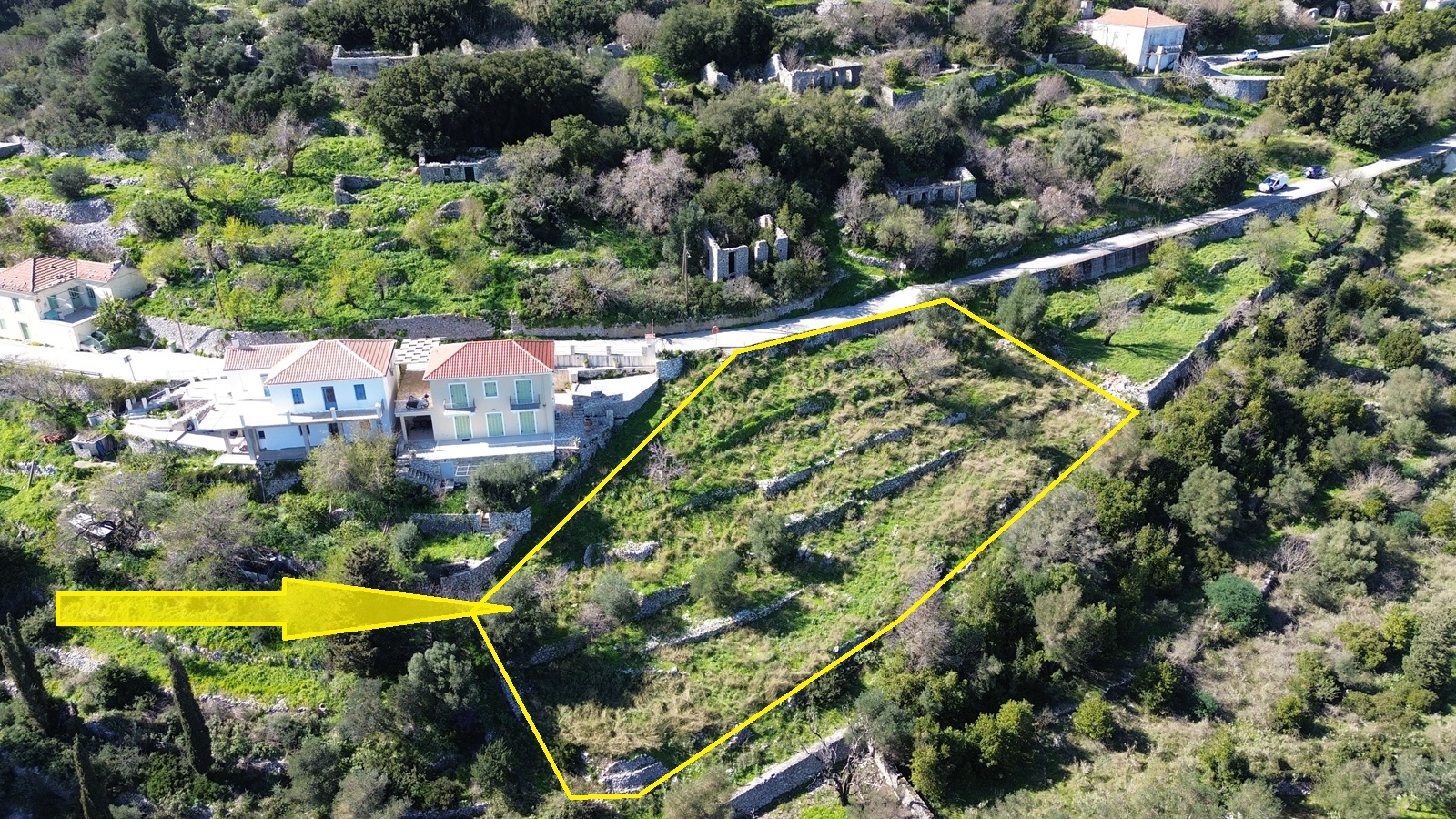Aerial view with outlined border of land for sale in Ithaca Greece, Exoghi