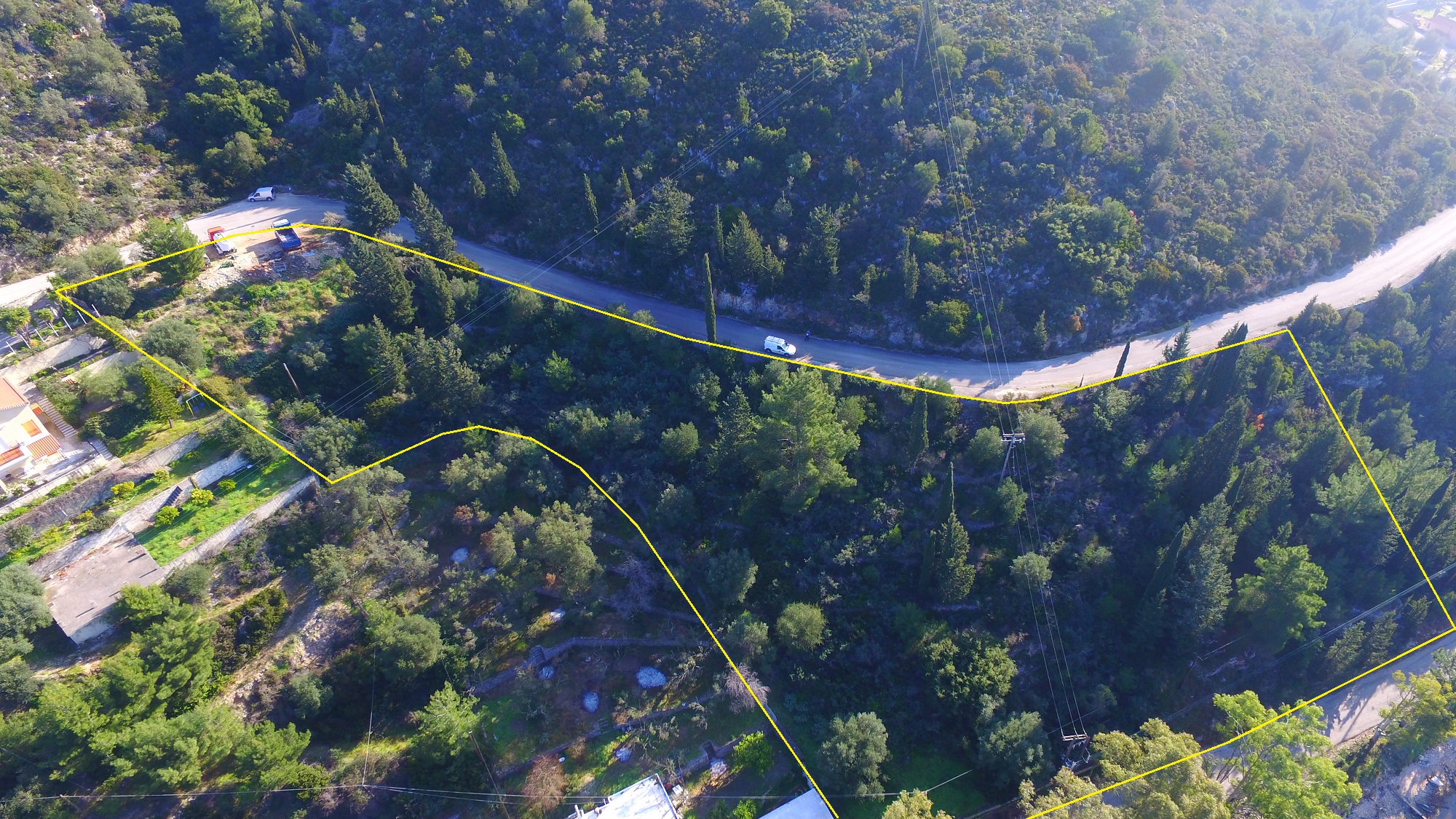 Aerial views with outlined border of land for sale in Ithaca Greece, Vathi