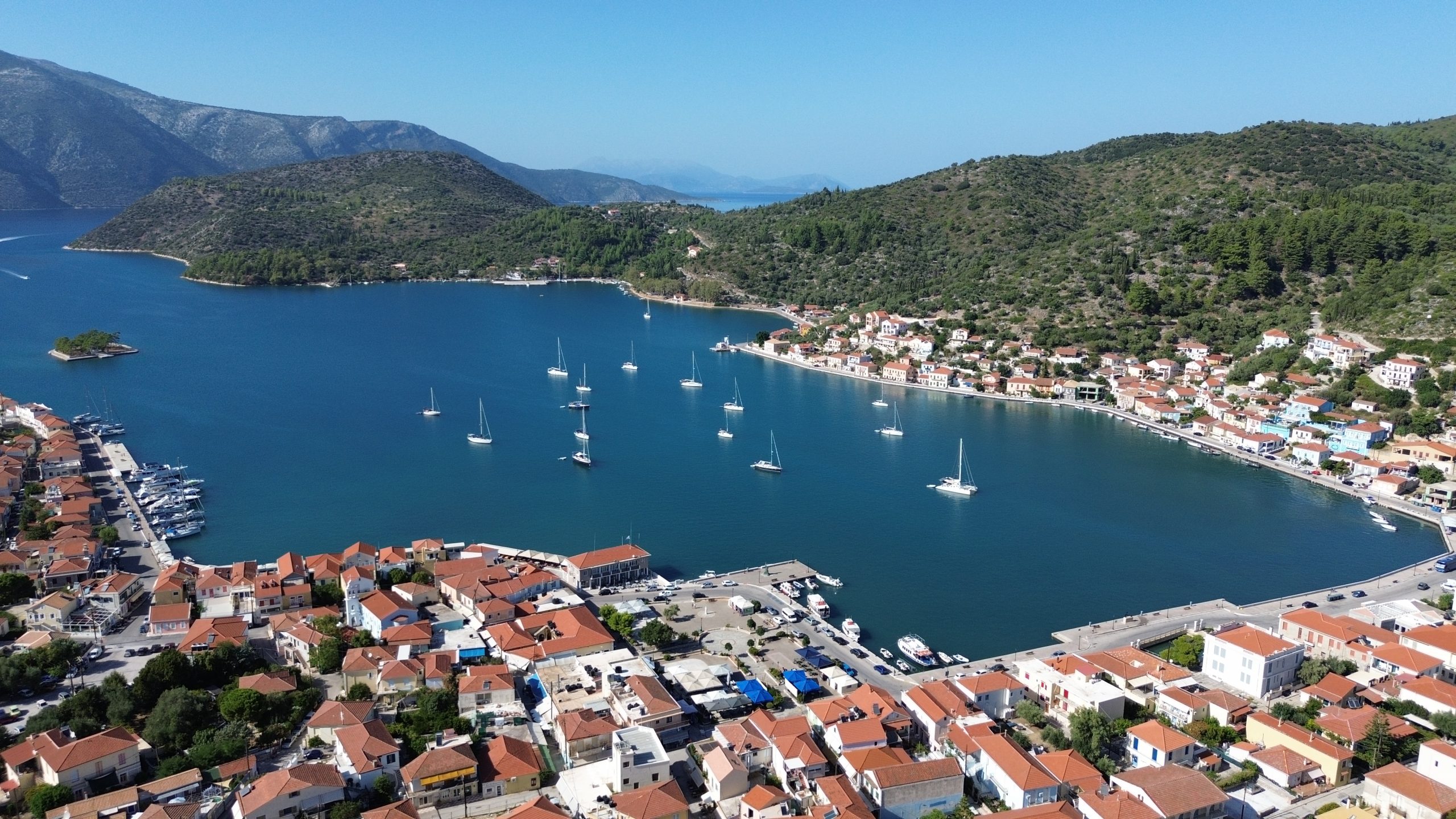 Aerial view of Vathi harbour, Ithaca Greece, MV Properties real estate